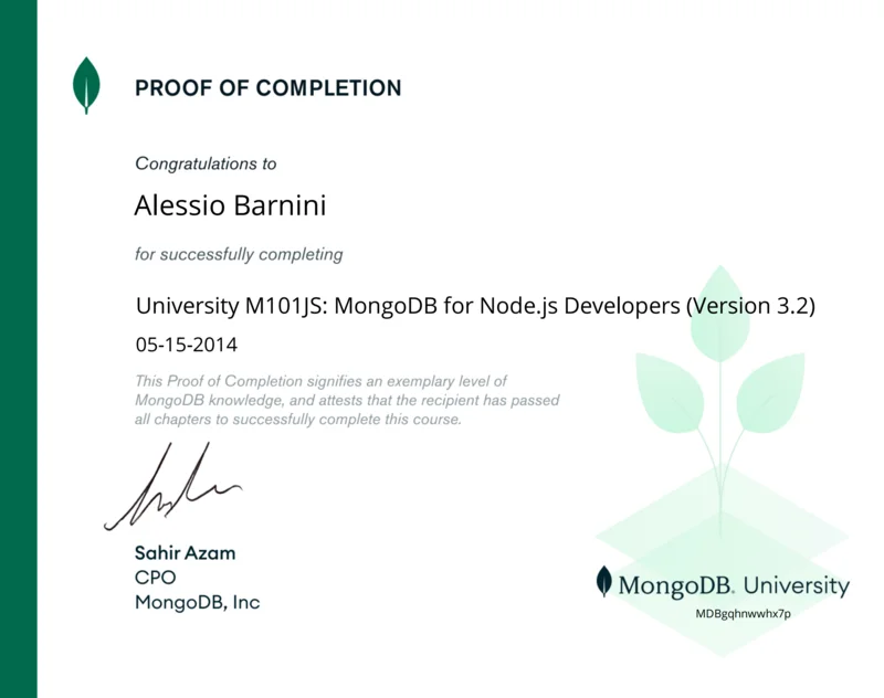 Certificazione MongoDB Alessio Barnini